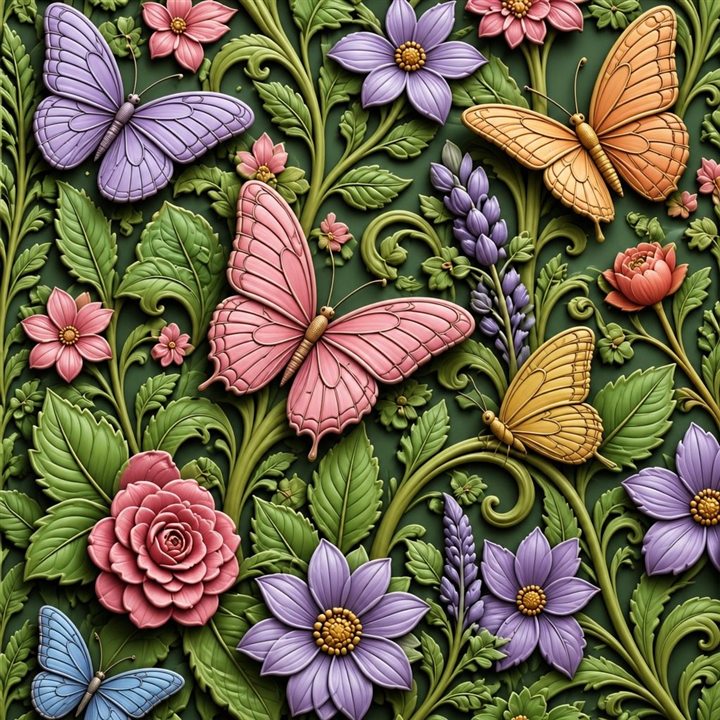 Colourful butterflies artwork used directly for 3D relief carving