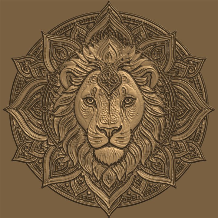 CNC relief carving of a lion mandala medallion generated from full colour art with AI depth