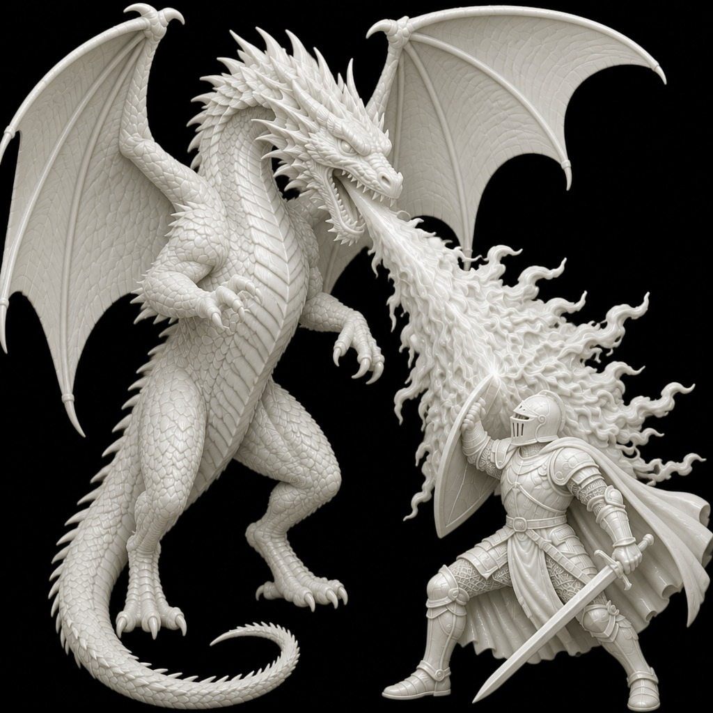 Porcelain style dragon and knight artwork on a black background, the ideal CNC relief input
