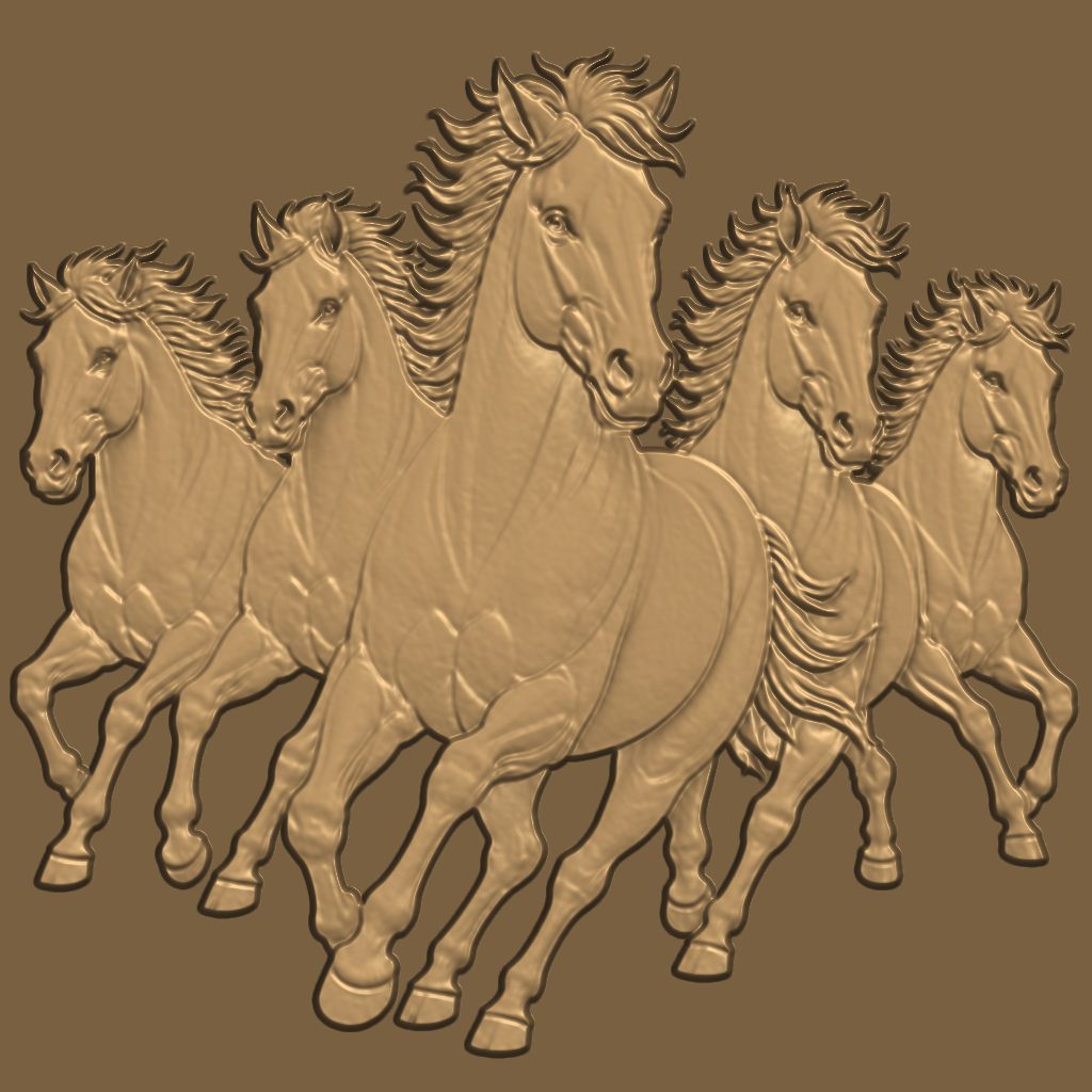 Wood carving style 3D relief of galloping horses generated by JACR CNC Studio
